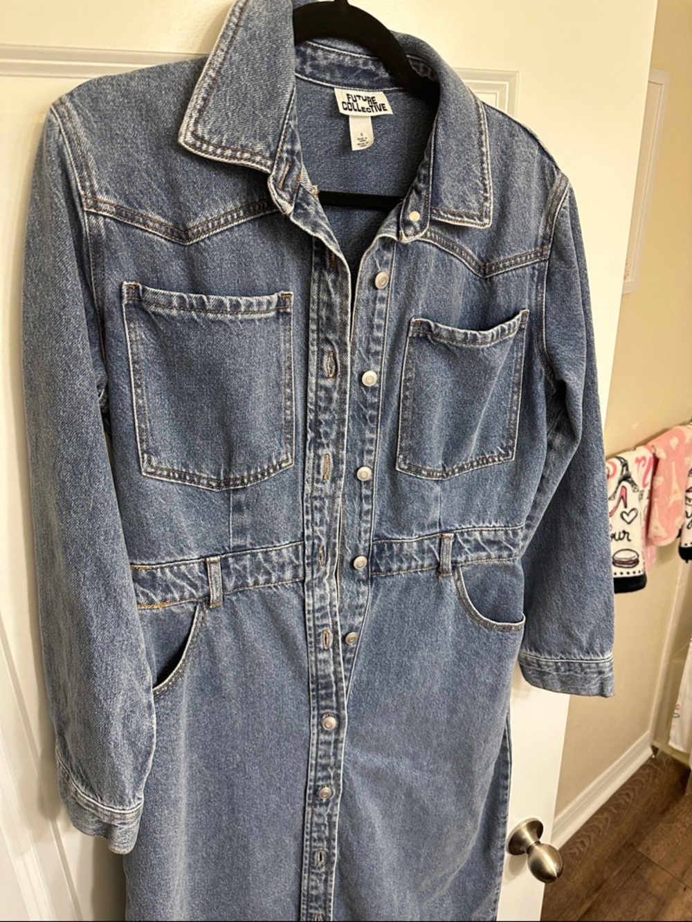 Future Collective Denim Button-Front Long Jacket Dress - Light Blue size 8